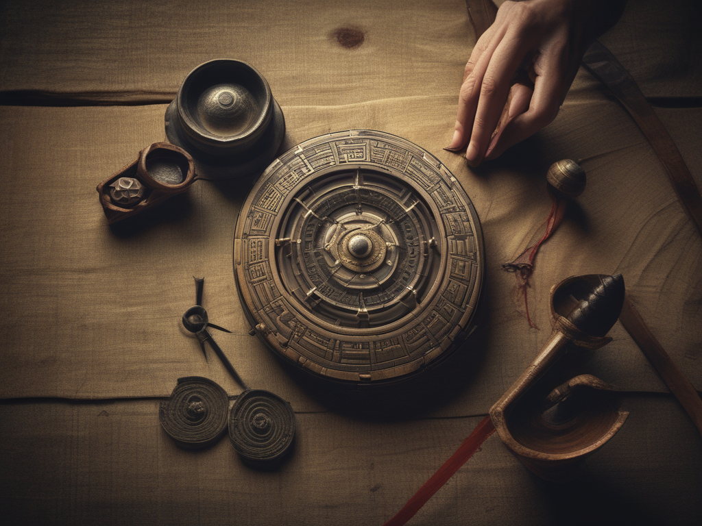 Una rappresentazione di un antico praticante di Feng Shui con una bussola tradizionale cinese, circondato da simboli yin e yang.